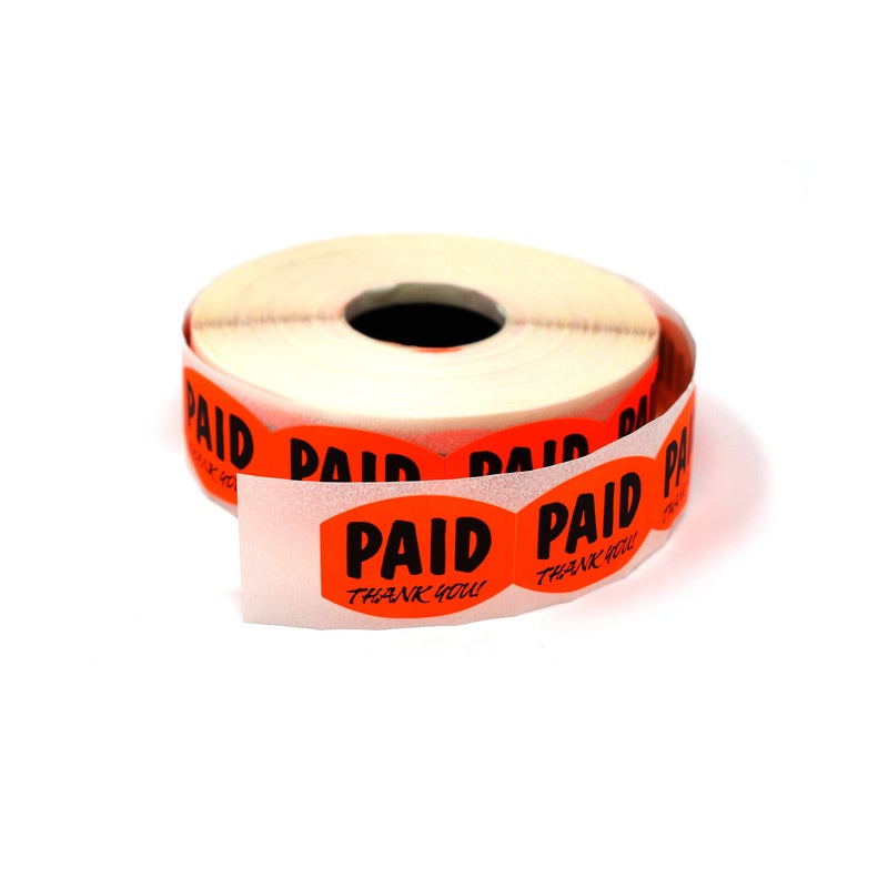 Store Fixtures Direct Paid Thank You Fluorescent Orange Self Adhesive Label, Sold Retail Stickers, .85" H x 1.2" W, 1 Roll, 1000 Pack - Image 1
